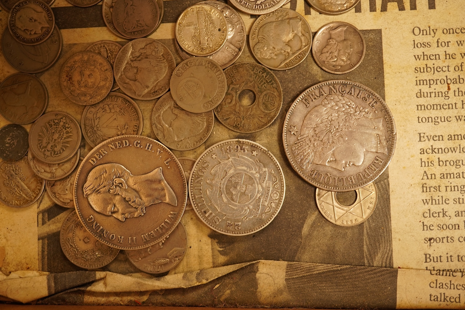Assortment of silver coins to include a 5 Franc, 1851 and Queen Victoria four pence